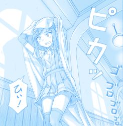 Rule 34 | 1girl, arm warmers, asashio (kancolle), blue theme, collared shirt, feet, gotou hisashi, kantai collection, long hair, open mouth, pleated skirt, shirt, short sleeves, skirt, solo, suspender skirt, suspenders, thighhighs