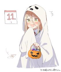 Rule 34 | 1girl, :d, ^^^, absurdres, blush, brown hair, calendar (object), candy, candy wrapper, collared shirt, commentary request, fang, ghost costume, green sweater, hair between eyes, halloween, halloween bucket, hand up, highres, holding, long hair, long sleeves, nose blush, open mouth, original, shirt, simple background, sleeves past fingers, sleeves past wrists, smile, sofra, solo, sweat, sweater, translation request, twintails, white background, white shirt, wide sleeves, wrapped candy, yellow eyes
