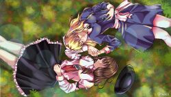 Rule 34 | 2girls, absurdres, black headwear, blonde hair, brown hair, commission, commissioner upload, dress, guinii4, highres, long hair, looking at another, maribel hearn, multiple girls, necktie, on grass, project heartbeat, red necktie, signature, sleeping, touhou, usami renko