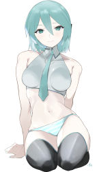 Rule 34 | 1girl, absurdres, adapted costume, alternate hair length, alternate hairstyle, aqua eyes, aqua hair, aqua necktie, arm support, arms behind back, bare shoulders, breasts, breasts apart, closed mouth, collared shirt, covered collarbone, crop top, hair between eyes, hatsune miku, highres, kataku musou, looking at viewer, medium breasts, midriff, navel, necktie, panties, seiza, shirt, short hair, sitting, sleeveless, smile, solo, striped clothes, striped panties, thighhighs, underwear, vocaloid, wing collar