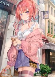 Rule 34 | 1girl, absurdres, ahoge, architecture, bare shoulders, basket, blurry, blush, breasts, building, choker, cleavage, closed mouth, collarbone, cowboy shot, crop top, cup, day, depth of field, disposable cup, drinking straw, earrings, frilled choker, frills, hair bobbles, hair ornament, heart, highres, holding, holding basket, holding cup, iced coffee, jacket, jewelry, long hair, long sleeves, looking at viewer, midriff, miniskirt, momoko (momopoco), nail polish, off shoulder, open clothes, open jacket, original, outdoors, pink jacket, pink ribbon, plant, ponytail, potted plant, purple eyes, purple nails, purple skirt, purple thighhighs, red hair, ribbon, scan, shirt, sidelocks, sign, skirt, sleeveless, sleeveless shirt, small breasts, solo, standing, striped clothes, striped thighhighs, thighhighs, white shirt, window, zettai ryouiki