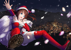 Rule 34 | 1girl, bad id, bad pixiv id, blue eyes, boots, breasts, brown hair, city lights, cleavage, falling, gibun (sozoshu), highres, large breasts, looking at viewer, mountain, night, original, santa costume, snow, solo, thigh boots, thighhighs, thighs