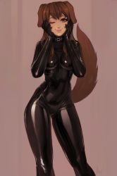 Rule 34 | 1girl, ;), absurdres, animal ears, archived source, belt collar, black bodysuit, bodysuit, breasts, brown background, brown eyes, brown hair, closed mouth, collar, commission, contrapposto, dog ears, dog tail, hands on own cheeks, hands on own face, hands up, highres, kobold (monster girl encyclopedia), large breasts, latex, latex bodysuit, looking at viewer, matilda fiship, monster girl encyclopedia, monster girl encyclopedia ii, one eye closed, shiny clothes, skin tight, smile, solo, standing, tail
