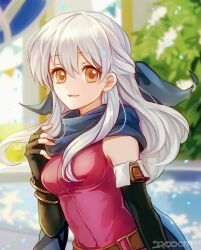 Rule 34 | 1girl, alpha signature, artist name, bangle, bare shoulders, black gloves, blue scarf, bracelet, commentary request, day, dress, elbow gloves, fingerless gloves, fire emblem, fire emblem: radiant dawn, fire emblem heroes, gloves, grey hair, hair ribbon, half updo, highres, jewelry, long hair, micaiah (fire emblem), nana (nanalog76), nintendo, outdoors, ribbon, scarf, side slit, signature, sleeveless, sleeveless dress, smile, solo, twitter username, upper body, white hair, yellow eyes
