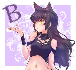 Rule 34 | 1girl, absurdres, animal ears, arm ribbon, bare shoulders, black hair, blake belladonna, breasts, cat ears, collarbone, commentary request, extra ears, highres, iesupa, long hair, medium breasts, midriff, navel, ribbon, rwby, scar, solo, upper body, yellow eyes