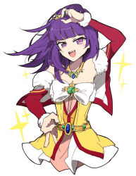 Rule 34 | 1girl, :d, arm up, blunt bangs, blush, bow, capelet, commentary request, cropped torso, detached sleeves, fur-trimmed sleeves, fur trim, gem, green gemstone, hanazono shuka, highres, idol time pripara, jewelry, long hair, looking at viewer, necklace, nojima minami, open mouth, ponytail, pretty series, pripara, purple eyes, purple hair, red sleeves, shirt, smile, solo, sparkle, tiara, white background, white bow, yellow shirt