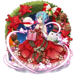 Rule 34 | 1girl, asuna (sao-alo), blue eyes, blue hair, box, choker, christmas, closed mouth, collarbone, diadem, dress, elbow gloves, full body, gift, gift box, gloves, highres, holding, holding box, layered dress, long dress, looking at viewer, official art, pointy ears, red dress, short hair, sleeveless, sleeveless dress, smile, solo, strapless, strapless dress, sword art online, sword art online: memory defrag, transparent background, white gloves