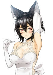 Rule 34 | &gt;:(, 1girl, animal ears, arm up, armpits, bare shoulders, black hair, blush, breasts, cleavage, closed mouth, collarbone, dress, earrings, elbow gloves, erune, gloves, granblue fantasy, hair between eyes, hair ornament, hairclip, hairdressing, holding, ilsa (granblue fantasy), jewelry, lang (chikage36), large breasts, looking at viewer, red eyes, see-through, short hair, sleeveless, sleeveless dress, solo, sweat, upper body, white dress, white gloves