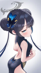 Rule 34 | 1girl, absurdres, ass, black dress, black hair, black halo, blue archive, blue eyes, blush, breasts, butterfly hair ornament, double bun, dress, hair bun, hair ornament, halo, highres, kisaki (blue archive), long hair, looking at viewer, pichu (mew0206mew), sleeveless, sleeveless dress, small breasts, solo, twintails, white background