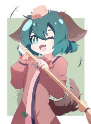 Rule 34 | +++, 1girl, animal ears, border, broom, dog ears, dog tail, dress, green eyes, green hair, hair between eyes, highres, holding, holding broom, kasodani kyouko, long sleeves, mr.turtle head, one-hour drawing challenge, one eye closed, open mouth, pink dress, short hair, smile, solo, tail, touhou, upper body, white border
