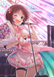 Rule 34 | 1girl, antenna hair, arigato (rmskrtkdlqj), bare shoulders, blush, bouquet, breasts, brown hair, cowboy shot, dot nose, dress, flower, frilled dress, frills, gloves, hair ornament, hands up, heart, heart hair ornament, hidaka ai, highres, holding, holding bouquet, holding microphone, idolmaster, idolmaster dearly stars, indoors, leaning forward, looking at viewer, microphone, microphone stand, one eye closed, open mouth, pink armband, pink dress, pink flower, pink wristband, purple flower, screen, short hair, single glove, sleeveless, sleeveless dress, small breasts, smile, solo, stage, standing, teeth, thigh strap, upper teeth only, white flower, white gloves