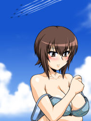 Rule 34 | 1girl, aircraft, airplane, bare shoulders, blue bra, blue sky, blush, bow, bow bra, bra, bra pull, breasts, brown eyes, brown hair, cleavage, closed mouth, clothes pull, cloud, cloudy sky, commentary, contrail, day, embarrassed, fighter jet, from side, girls und panzer, jet, medium breasts, military, military vehicle, nishizumi maho, oosaka kanagawa, outdoors, short hair, sky, solo, underwear, undressing