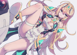 Rule 34 | 1girl, bare legs, bare shoulders, blonde hair, breasts, chest jewel, cleavage, cleavage cutout, clothing cutout, dress, earrings, elbow gloves, gloves, huanxiang huifeng, jewelry, large breasts, long hair, mythra (xenoblade), short dress, solo, swept bangs, thigh strap, tiara, very long hair, white dress, white footwear, white gloves, xenoblade chronicles (series), xenoblade chronicles 2, yellow eyes