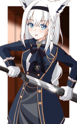 Rule 34 | 1girl, animal ear fluff, animal ears, ascot, black hairband, blue ascot, blue jacket, blush, braid, braided ponytail, commentary request, fox ears, fox girl, gloves, green eyes, grey skirt, hair between eyes, hairband, highres, holding, holding sheath, holding sword, holding weapon, hololive, jacket, long hair, looking at viewer, open clothes, open jacket, open mouth, sheath, shirakami fubuki, shirakami fubuki (aristocrat kei), shirt, sidelocks, single braid, skirt, solo, sword, unsheathing, virtual youtuber, weapon, white gloves, white hair, white shirt, yoiyami illust