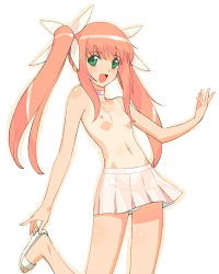 Rule 34 | 1girl, a1 (initial-g), choker, flat chest, green eyes, miniskirt, nipples, one-piece tan, open mouth, orange hair, original, panties, pantyshot, skirt, smile, solo, standing, tan, tanline, topless, twintails, underwear, upskirt, white background, white panties, wind, wind lift