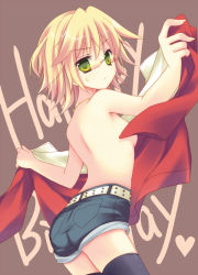 10s 1girl asakura_hayate barnaby_brooks_jr. belt black_thighhighs blonde_hair breasts denim denim_shorts female_focus genderswap genderswap_(mtf) glasses green_eyes jacket jewelry necklace red_jacket short_hair short_shorts shorts small_breasts solo studded_belt sweatdrop thighhighs tiger_&amp;_bunny topless zettai_ryouiki