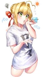 Rule 34 | 1girl, ahoge, alternate costume, blonde hair, breasts, contrapposto, cowboy shot, cropped legs, fate/extra, fate (series), food, green eyes, hair between eyes, hair bun, hair intakes, head tilt, licking, looking at object, medium breasts, nero claudius (fate), nero claudius (fate) (all), nero claudius (fate/extra), no pants, open hands, palms, popsicle, shirt, sidelocks, signature, single hair bun, solo, squiggle, sweatdrop, t-shirt, tongue, tongue out, twitter username, white shirt, yayoi maka