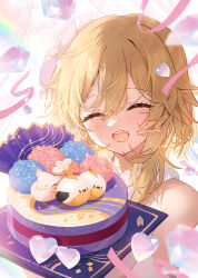Rule 34 | 1girl, :d, ^ ^, apple caramel, artist name, bare shoulders, blonde hair, blush, cake, closed eyes, commentary request, facing viewer, food, genshin impact, hair between eyes, hands up, highres, holding, long hair, lumine (genshin impact), open mouth, smile, solo, streamers, thank you, upper body