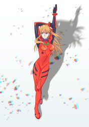 Rule 34 | 1girl, blue eyes, bodysuit, breasts, brown hair, evangelion: 2.0 you can (not) advance, full body, hand up, headband, long hair, looking at viewer, masago ksb, medium breasts, neon genesis evangelion, plugsuit, rebuild of evangelion, red bodysuit, shadow, shiny clothes, solo, souryuu asuka langley, standing