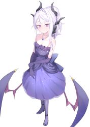 Rule 34 | 1girl, absurdres, asymmetrical hair, bare shoulders, bead necklace, beads, black horns, blue archive, blush, breasts, cleavage, closed mouth, collarbone, commentary, demon girl, demon horns, demon wings, dress, elbow gloves, gloves, high heels, highres, hina (blue archive), hina (dress) (blue archive), horns, jewelry, long hair, necklace, official alternate costume, olecafe2, pantyhose, pendant, purple dress, purple eyes, purple footwear, purple gloves, purple pantyhose, shoes, simple background, single sidelock, small breasts, smile, solo, strapless, strapless dress, updo, white background, white hair, wings