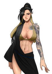 Rule 34 | 1girl, abs, arm tattoo, arms at sides, artist name, asymmetrical clothes, bare arms, bare shoulders, bikini, bikini top only, black hair, breasts, brown eyes, closed mouth, collarbone, eyelashes, eyeliner, eyeshadow, fingernails, genderswap, genderswap (mtf), hair ornament, hair ribbon, hair tie, hanzo (overwatch), highres, japanese clothes, large breasts, legs apart, long sleeves, makeup, mascara, navel, nose, overwatch, overwatch 1, pink lips, print bikini, ribbon, simple background, solo, standing, stomach, strap gap, swimsuit, tattoo, toned, violoxe, white background, wide sleeves, yellow bikini, yellow ribbon