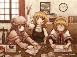 Rule 34 | 3girls, alice margatroid, angry, blonde hair, book, book stack, capelet, clock, eraser, female focus, flower, frills, hairband, highres, hyuuga azuri, jealous, kirisame marisa, long hair, mouth hold, multiple girls, patchouli knowledge, pencil, photo (object), purple hair, shanghai doll, short hair, sitting, table, touhou, vase, window, writing