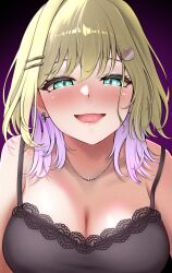 Rule 34 | 1girl, bare shoulders, black background, black shirt, blonde hair, blush, breasts, cleavage, close-up, collarbone, colored inner hair, earrings, green eyes, hair between eyes, hair ornament, hairclip, highres, jewelry, kurumi noah, lace, lace-trimmed shirt, lace trim, large breasts, lips, looking at viewer, medium hair, multicolored hair, necklace, open mouth, pink hair, prsdubstep, purple background, raised eyebrows, shirt, smile, solo, tongue, two-tone background, two-tone hair, virtual youtuber, vspo!