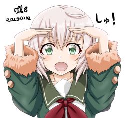 Rule 34 | 1girl, artist name, blonde hair, blush, collarbone, dated, fingernails, fur-trimmed sleeves, fur trim, green eyes, green jacket, hair between eyes, highres, jacket, kantai collection, long sleeves, neck ribbon, open mouth, red ribbon, ribbon, shimushu (kancolle), short hair, signature, simple background, solo, tk8d32, upper body, white background