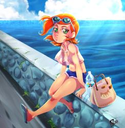 Rule 34 | 1girl, absurdres, bare shoulders, ben 10, body freckles, bottle, child, closed mouth, earrings, female focus, freckles, full body, green eyes, gwen tennyson, highres, jewelry, lips, looking at viewer, midriff, navel, nicholas cage, nose, ocean, orange hair, outdoors, sandals, shiny skin, single earring, sitting, solo, stud earrings, sunglasses, sunglasses on head, swimsuit, swimsuit under clothes, tlacuicani, water bottle
