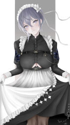 Rule 34 | 1girl, absurdres, apron, azur lane, bellona (armed to clean) (azur lane), bellona (azur lane), black dress, blush, breasts, chest belt, closed mouth, clothing cutout, commentary, cowboy shot, curtsey, dress, fishnet pantyhose, fishnets, gloves, grey eyes, grey hair, hair between eyes, head tilt, highres, juliet sleeves, large breasts, long sleeves, looking at viewer, maid, maid apron, maid headdress, official alternate costume, pantyhose, puffy sleeves, short hair, sidelocks, signature, siki (ppme4782), smile, solo, standing, underboob, underboob cutout, white background, white gloves