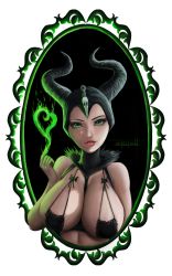 Rule 34 | 1girl, anastasia (asteltainn), bra, breasts, disney, fire, green eyes, green theme, heart, highres, horns, large breasts, lingerie, looking at viewer, magic, maleficent, mature female, patreon username, red lips, solo, swimsuit, underwear, upper body, watermark, web address