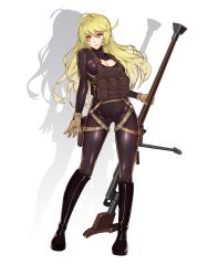 Rule 34 | 1girl, anti-materiel rifle, arm at side, black bodysuit, black footwear, blonde hair, bodysuit, bolt action, breasts, brown gloves, choudan, cleavage, cleavage cutout, clothing cutout, full body, girls&#039; frontline, gloves, gun, highres, holding, holding gun, holding weapon, large breasts, long hair, looking at viewer, pouch, ptrd-41, ptrd (girls&#039; frontline), purple eyes, rifle, smile, sniper rifle, solo, standing, very long hair, weapon