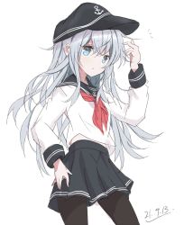 Rule 34 | 1girl, anchor symbol, black pantyhose, black sailor collar, black skirt, blue eyes, commentary request, core (mayomayo), cowboy shot, dated, flat cap, grey eyes, hat, hibiki (kancolle), highres, kantai collection, long hair, neckerchief, pantyhose, pleated skirt, red neckerchief, sailor collar, school uniform, serafuku, silver hair, simple background, skirt, solo, standing, white background