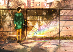 Rule 34 | 1girl, black footwear, brown hair, building, commentary request, fence, gemi, green shirt, holding, holding umbrella, long sleeves, looking at viewer, original, oversized clothes, oversized shirt, pantyhose, shadow, shirt, shoes, short hair, solo, standing, transparent, transparent umbrella, umbrella, yellow pantyhose