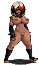 Rule 34 | 1girl, abs, animated, animated gif, bandaged arm, bandaged leg, bandages, barbell piercing, barefoot, bouncing breasts, bracelet, breasts, cleft of venus, collar, completely nude, darkest dungeon, detached collar, facial scar, flagellant (darkest dungeon), full body, genderswap, grin, jewelry, large breasts, lowres, medium hair, metal collar, multicolored hair, navel, nipple piercing, nipples, no bra, no panties, nude, nude mod, one eye covered, open mouth, piercing, pussy, red eyes, red hair, scar, scar on arm, scar on breasts, scar on cheek, scar on chest, scar on face, scar on leg, scar on stomach, shadow, smile, solo, spiked bracelet, spiked collar, spiked nipple piercing, spikes, thick thighs, thighs, torn clothes, transparent background, two-tone hair, uncensored, video game, walking, white hair, xelsword