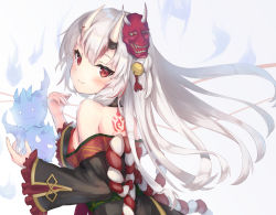 Rule 34 | bare shoulders, breasts, closed mouth, commentary request, fang, from behind, gold trim, grey hair, hair between eyes, highres, hololive, horns, kouhaku nawa, long hair, looking at viewer, looking back, lotuselise777, mask, mask on head, multicolored hair, nakiri ayame, nakiri ayame (1st costume), off shoulder, oni mask, red eyes, red hair, rope, shimenawa, simple background, skin-covered horns, skin fang, small breasts, smile, solo, streaked hair, tattoo, upper body, virtual youtuber, white background