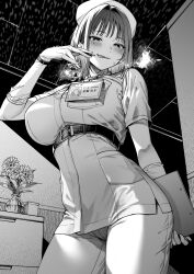 Rule 34 | 1girl, :q, arm behind back, belt, belt buckle, blush, box, breast pocket, breasts, buckle, cabinet, ceiling, chest belt, clipboard, closed mouth, commentary request, contrapposto, drawer, elbow gloves, flower, from below, gloves, greyscale, half-closed eyes, hand up, hat, heavy breathing, highres, holding, holding clipboard, holding pen, ice reizou, id card, indoors, large breasts, looking at viewer, looking down, medium hair, mole, mole under eye, monochrome, naughty face, nurse, nurse cap, original, pants, pen, pocket, shirt, short sleeves, smile, solo, standing, sweatdrop, tongue, tongue out, underbust, vase