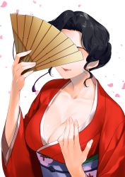 Rule 34 | 1girl, black hair, breasts, chairwoman (clamp gakuen tanteidan), cherry blossoms, clamp gakuen tanteidan, cleavage, collarbone, commentary, covering own eyes, curly hair, folding fan, hand fan, hand on own chest, highres, holding, japanese clothes, kimono, large breasts, light smile, red kimono, red lips, second-party source, waka (shark waka), white background