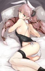 Rule 34 | 10s, 1girl, alternate costume, ass, eimusu (yassun83), eyebrows, from behind, frown, green eyes, hair flaps, highres, kantai collection, leotard, lips, long hair, looking at viewer, lying, on stomach, panties, pink hair, playboy bunny, ponytail, pouty lips, side-tie panties, solo, thigh strap, thighhighs, thighs, underwear, very long hair, white panties, white thighhighs, yura (kancolle)