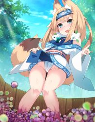 Rule 34 | 1girl, absurdres, animal ear fluff, animal ears, blue eyes, blue kimono, brown hair, clothes lift, cloud, food, fox ears, fox girl, fox shadow puppet, fox tail, fruit, fundoshi, gluteal fold, grape stomping, grapes, groin, hairband, highres, japanese clothes, kimono, kimono lift, lifted by self, long hair, off shoulder, open mouth, original, outdoors, shadow puppet, sky, smile, solo, tail, thigh gap, thighs, underwear, white kimono, zamudelin