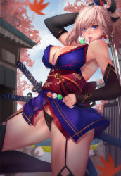 Rule 34 | 1girl, absurdres, bare shoulders, black panties, black thighhighs, blue eyes, breasts, cleavage, ctrlz77, dango, detached sleeves, fate/grand order, fate (series), food, garter straps, highres, huge breasts, japanese clothes, katana, kimono, leaf, looking at viewer, maple leaf, miyamoto musashi (fate), panties, pink hair, sash, sheath, sheathed, smile, solo, sword, thighhighs, underwear, wagashi, weapon