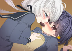 Rule 34 | 2girls, black hair, bow, bowtie, grabbing another&#039;s breast, breasts, brown background, brown eyes, chocolate, face-to-face, grabbing, grey eyes, konno junko, long hair, long sleeves, mizuno ai, multiple girls, short hair, simple background, smile, suzune rai, twintails, valentine, white hair, yuri, zombie land saga