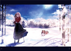 Rule 34 | 1girl, arisaka ako, bare tree, black gloves, black skirt, blue eyes, blue sky, blurry, cane, closed mouth, cloud, cloudy sky, day, depth of field, dog, fringe trim, gloves, highres, letterboxed, light smile, long hair, long skirt, long sleeves, looking at viewer, mountain, original, outdoors, plaid, shawl, sidelocks, silver hair, skirt, sky, snow, solo, standing, tree