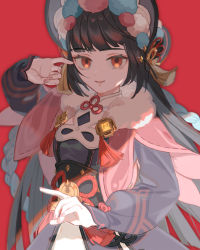 Rule 34 | 1girl, black hair, black headwear, blue dress, blunt bangs, bonnet, commentary, double fox shadow puppet, dress, flower knot, fox shadow puppet, fur collar, genshin impact, hand up, highres, hime cut, lemontea, long hair, looking at viewer, multicolored clothes, multicolored headwear, red background, red eyes, shaded face, simple background, smile, solo, tassel, upper body, yun jin (genshin impact)