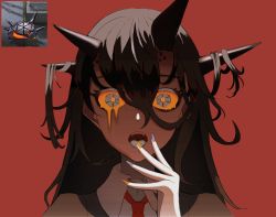 Rule 34 | 1girl, arknights, collared shirt, colored sclera, dripping eye, e7e6d2, grey hair, grey tongue, highres, horns, material growth, multicolored nails, nail polish, necktie, open mouth, orange eyes, orange sclera, originium slug (arknights), oripathy lesion (arknights), personification, red background, red necktie, shirt, symbol-shaped pupils, tongue, tongue out