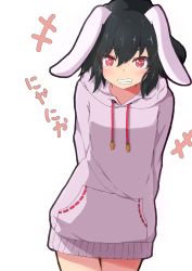 Rule 34 | +++, 1girl, adapted costume, animal ears, arms behind back, black hair, blush, bottomless, breasts, carrot, cowboy shot, drawstring, floppy ears, grin, hair between eyes, highres, hood, hoodie, inaba tewi, leaning forward, looking at viewer, mizune (winter), pocket, rabbit ears, red eyes, simple background, small breasts, smile, solo, teeth, touhou, translation request, white background