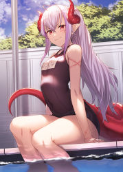 Rule 34 | 1girl, ahoge, arm support, bare arms, bare legs, bare shoulders, blue sky, breasts, cloud, commentary request, covered navel, day, dragon horns, dragon tail, facial mark, feet out of frame, hair between eyes, horns, ibuki notsu, light purple hair, long hair, looking at viewer, melusine (ibuki notsu), name tag, one-piece swimsuit, original, outdoors, pointy ears, purple one-piece swimsuit, red eyes, school swimsuit, sidelocks, sitting, sky, small breasts, smile, soaking feet, solo, swimsuit, tail, thighs, translation request, water
