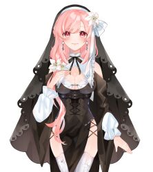Rule 34 | 1girl, absurdres, black dress, black ribbon, black veil, blush, breasts, bun-mii, cleavage, cleavage cutout, clothing cutout, cross, dress, flower, hair flower, hair ornament, hair ribbon, hand on own chest, highres, indie virtual youtuber, inverted cross, inverted cross earrings, lily (flower), long hair, looking at viewer, medium breasts, mole, mole on breast, neck ribbon, nini yuuna, nini yuuna (4th costume), nun, official art, pink eyes, pink hair, ribbon, second-party source, shoulder cutout, smile, solo, straight-on, thighhighs, transparent background, veil, very long hair, virtual youtuber, white flower, white ribbon, white thighhighs