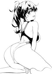 Rule 34 | 1girl, ass, back, bare shoulders, blush, breasts, competition swimsuit, greyscale, highleg, highleg swimsuit, highres, kekemotsu, kneeling, large breasts, long hair, looking at viewer, looking back, monochrome, one-piece swimsuit, open mouth, ponytail, racerback, sidelocks, smile, solo, swimsuit, thighs