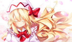Rule 34 | 1girl, absurdres, blonde hair, blush, buttons, calpis118, capelet, closed eyes, closed mouth, colored eyelashes, dress, fairy, fairy wings, hair between eyes, hat, highres, lily white, long hair, long sleeves, smile, solo, touhou, upper body, white capelet, white dress, white hat, wings